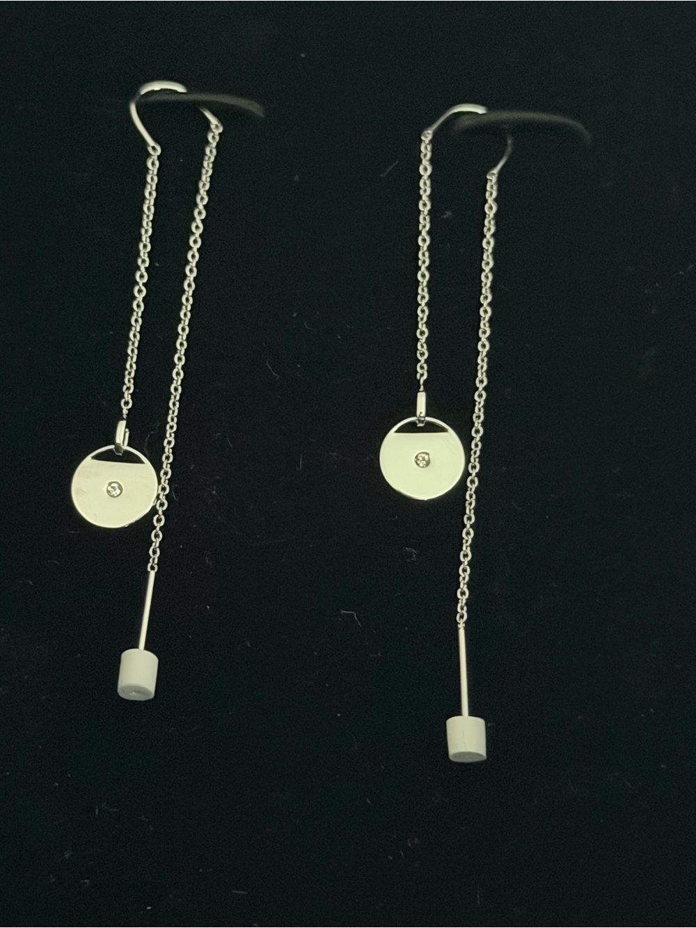 Swarovski Minimalist Silver Drop Disk Earrings with White Accents NIB